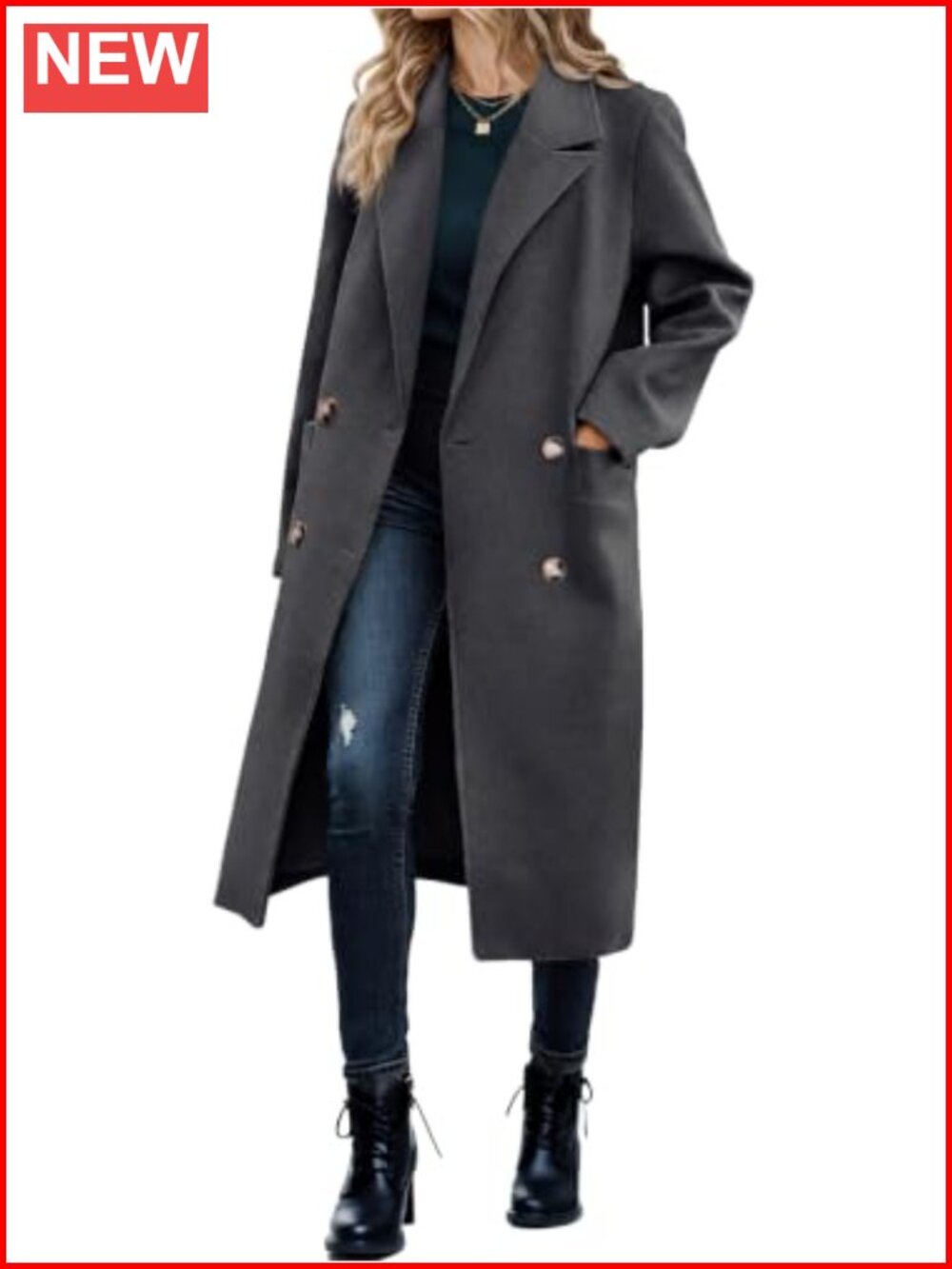 Women's Double Breasted Pea Coat Long Trench Overcoat with Pockets